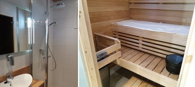Baño y sauna en la cabaña tipo A 