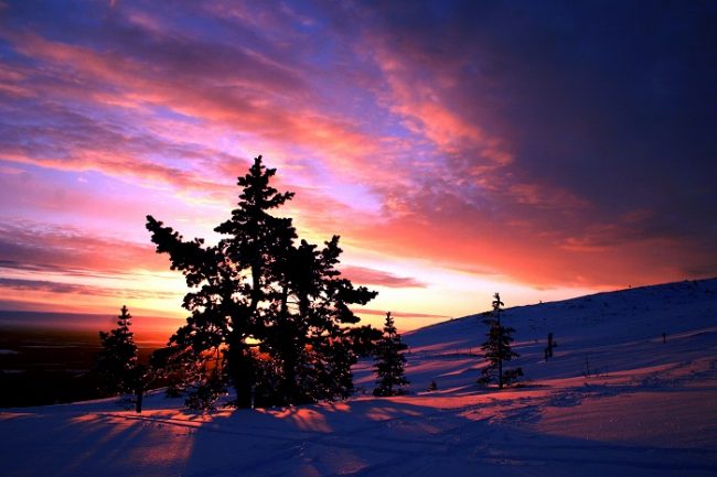 Amanecer en la estación de esquí de Levi en Laponia 
