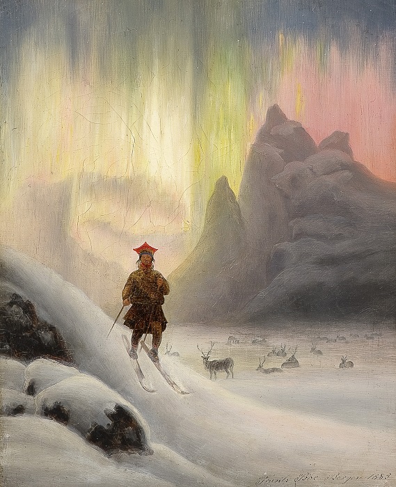 Sami con esquís y la Aurora Boreal según dibujo de Frants Bøe en el año 1885